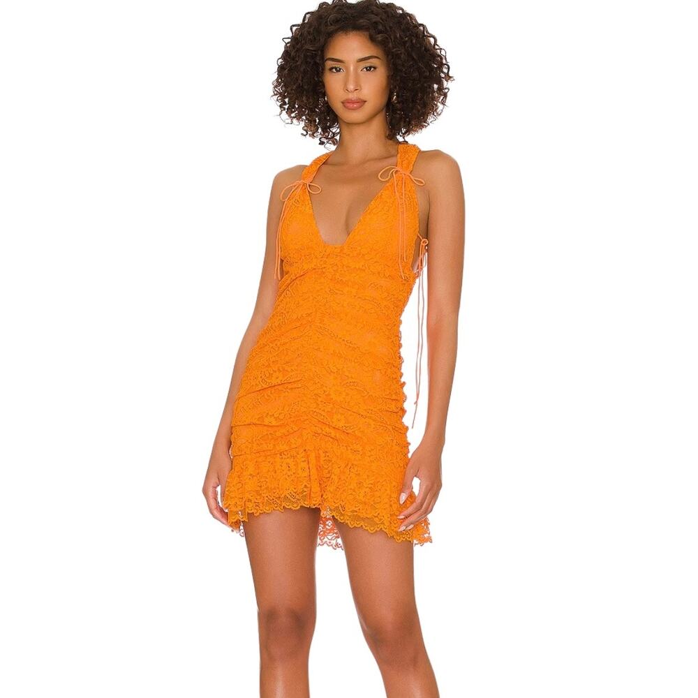 For Love & Lemons Jamie Lace Mini Dress Orange Ruched Plunge V Neck Ruffle Sz S